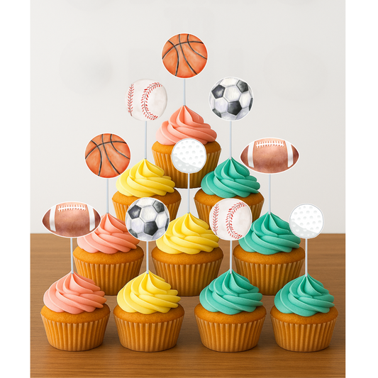 Sports Cupcake Toppers – Basketball, Football, Baseball, Soccer & Golf Party Decorations for Kids, Teens & Adults Ball Game Theme Party Supplies Decor
