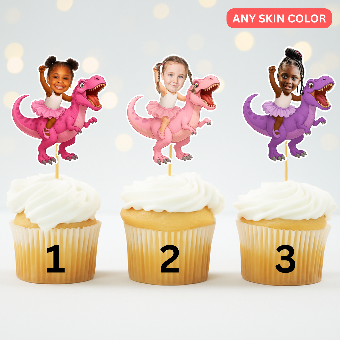 Custom Girl Riding Dinosaur Cupcake Toppers with Photo - Tea Rex theme - Girl Three Rex - Pink Birthday Party Decor