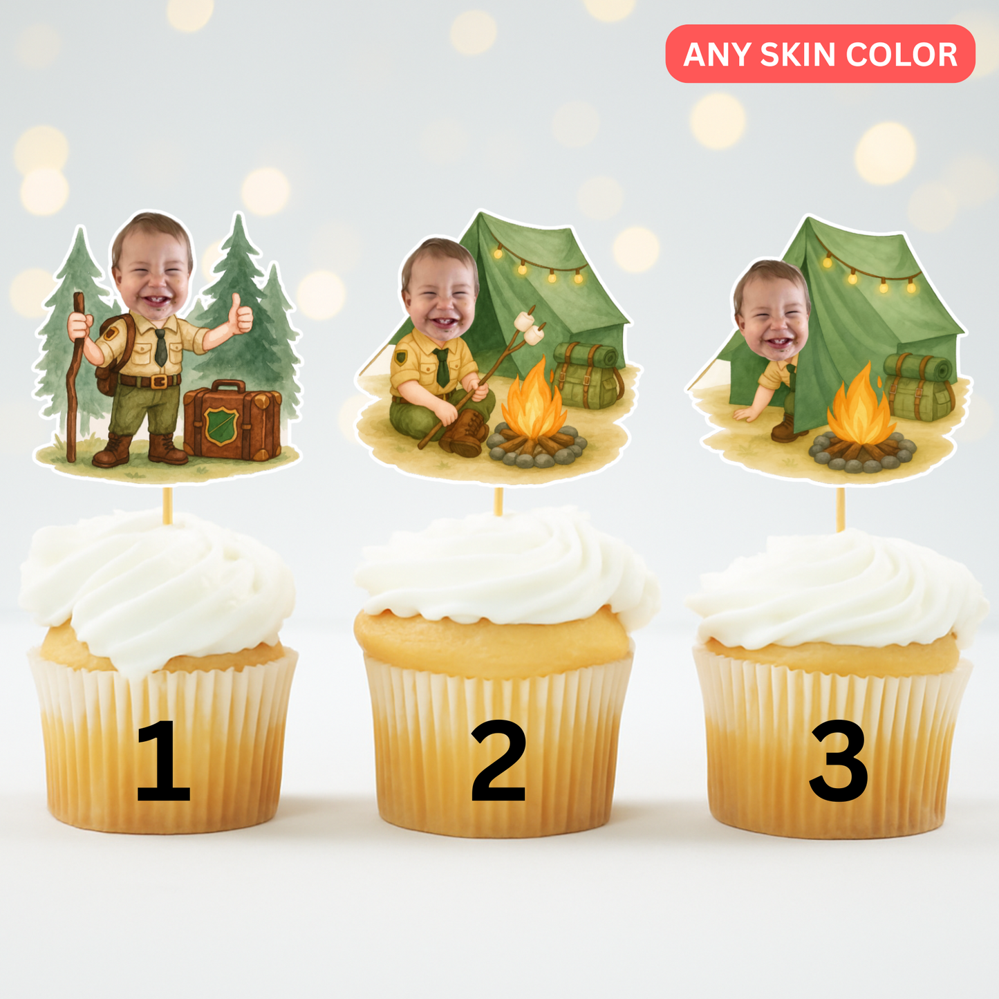 Custom Camper Cupcake Toppers - Personalized Face Photo Scout - “Happy Camper” “Wild One” Party Decoration