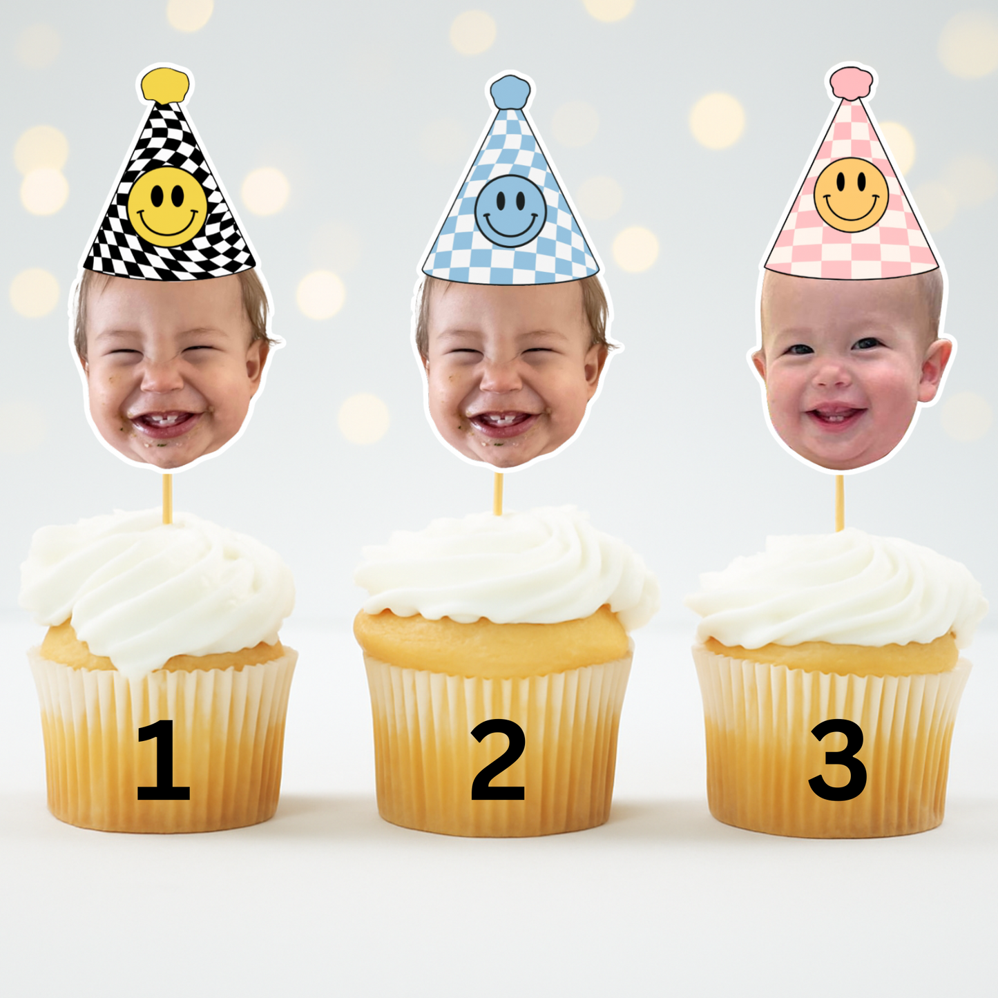 Custom Happy Dude Birthday Hat Cupcake Toppers - Face Photo Party Decoration