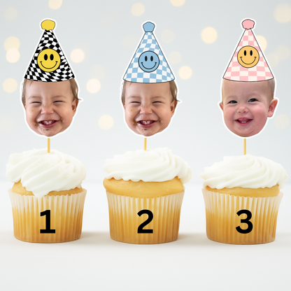 Custom Happy Dude Birthday Hat Cupcake Toppers - Face Photo Party Decoration