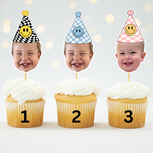Custom Happy Dude Birthday Hat Cupcake Toppers - Face Photo Party Decoration