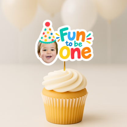 Fun to Be One Cupcake Toppers with Photo, Custom Face 1st Birthday Party Decorations, Personalized First Birthday Cupcake Toppers