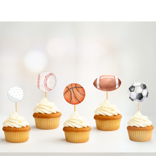 Sports Cupcake Toppers – Basketball, Football, Baseball, Soccer & Golf Party Decorations for Kids, Teens & Adults Ball Game Theme Party Supplies Decor