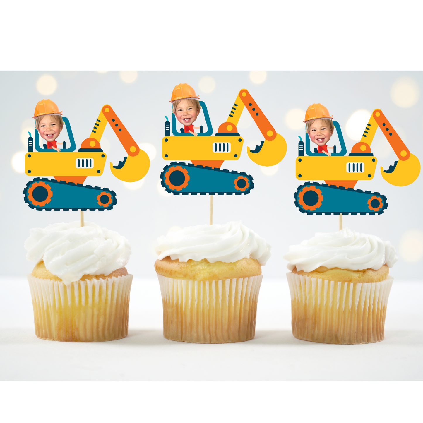 Excavator Cupcake Topper with Custom Photo – Construction Theme Party