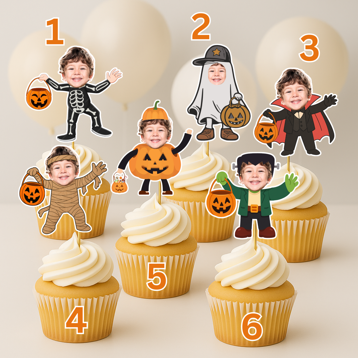 Halloween Cupcake Toppers with Photo – Personalized Face Party Decorations – Spooky Costume Cupcake Toppers for Halloween Party or Birthday