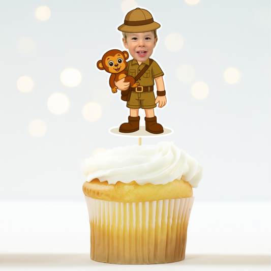 Custom Photo Safari Explorer with Monkey Cupcake Topper – Personalized Jungle Birthday Party Decoration
