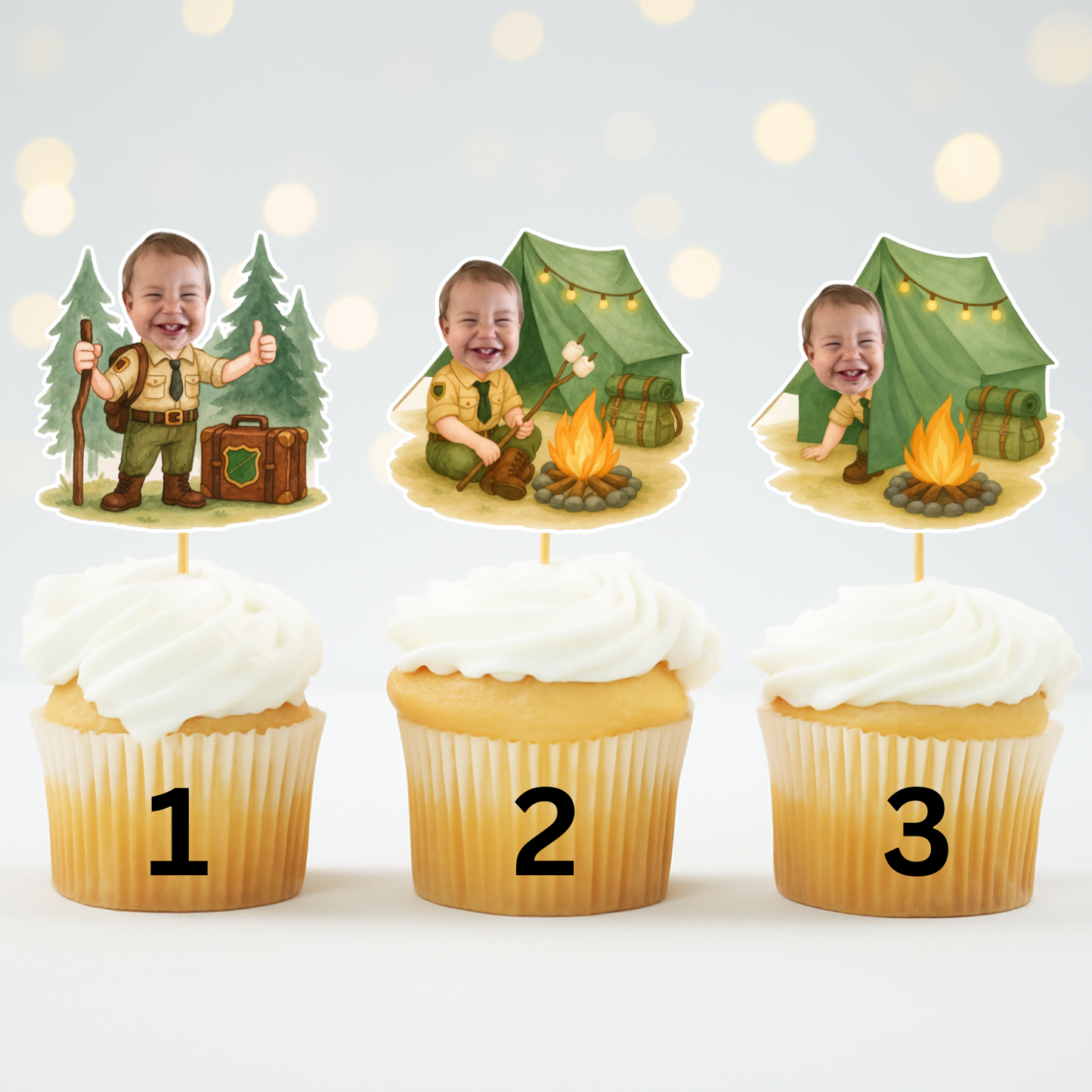 Custom Camper Cupcake Toppers - Personalized Face Photo Scout - “Happy Camper” “Wild One” Party Decoration