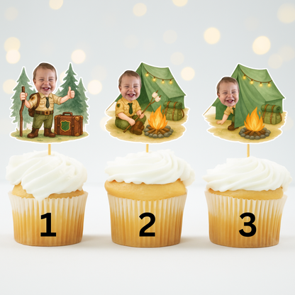 Custom Camper Cupcake Toppers - Personalized Face Photo Scout - “Happy Camper” “Wild One” Party Decoration