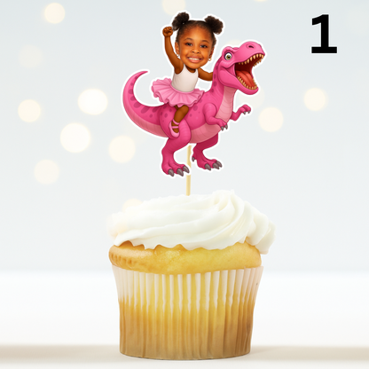 Custom Girl Riding Dinosaur Cupcake Toppers with Photo - Tea Rex theme - Girl Three Rex - Pink Birthday Party Decor