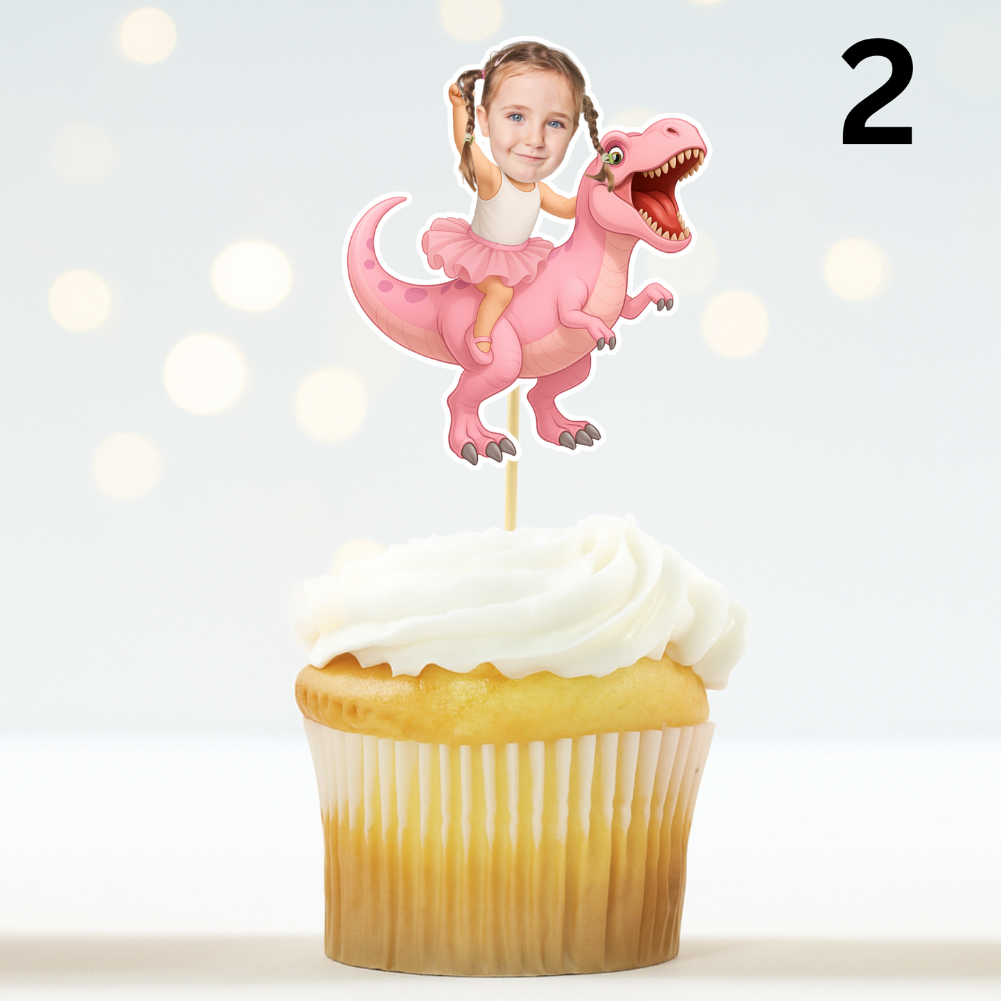 Custom Girl Riding Dinosaur Cupcake Toppers with Photo - Tea Rex theme - Girl Three Rex - Pink Birthday Party Decor
