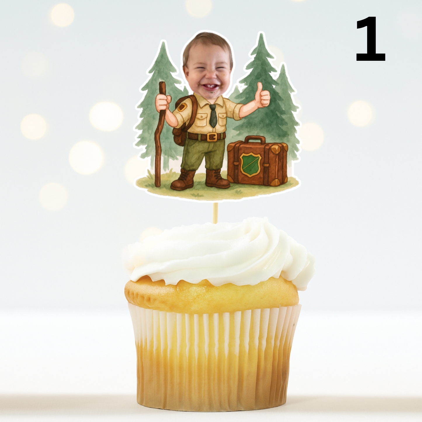 Custom Camper Cupcake Toppers - Personalized Face Photo Scout - “Happy Camper” “Wild One” Party Decoration