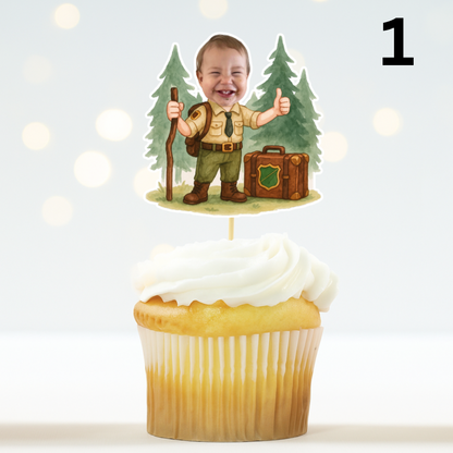 Custom Camper Cupcake Toppers - Personalized Face Photo Scout - “Happy Camper” “Wild One” Party Decoration