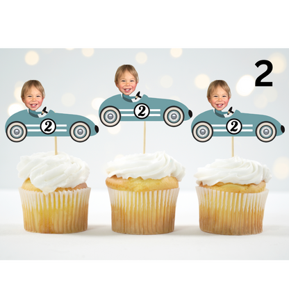 Vintage Race Car Stripes Two Fast Cupcake Topper – Personalized Birthday Party Decor