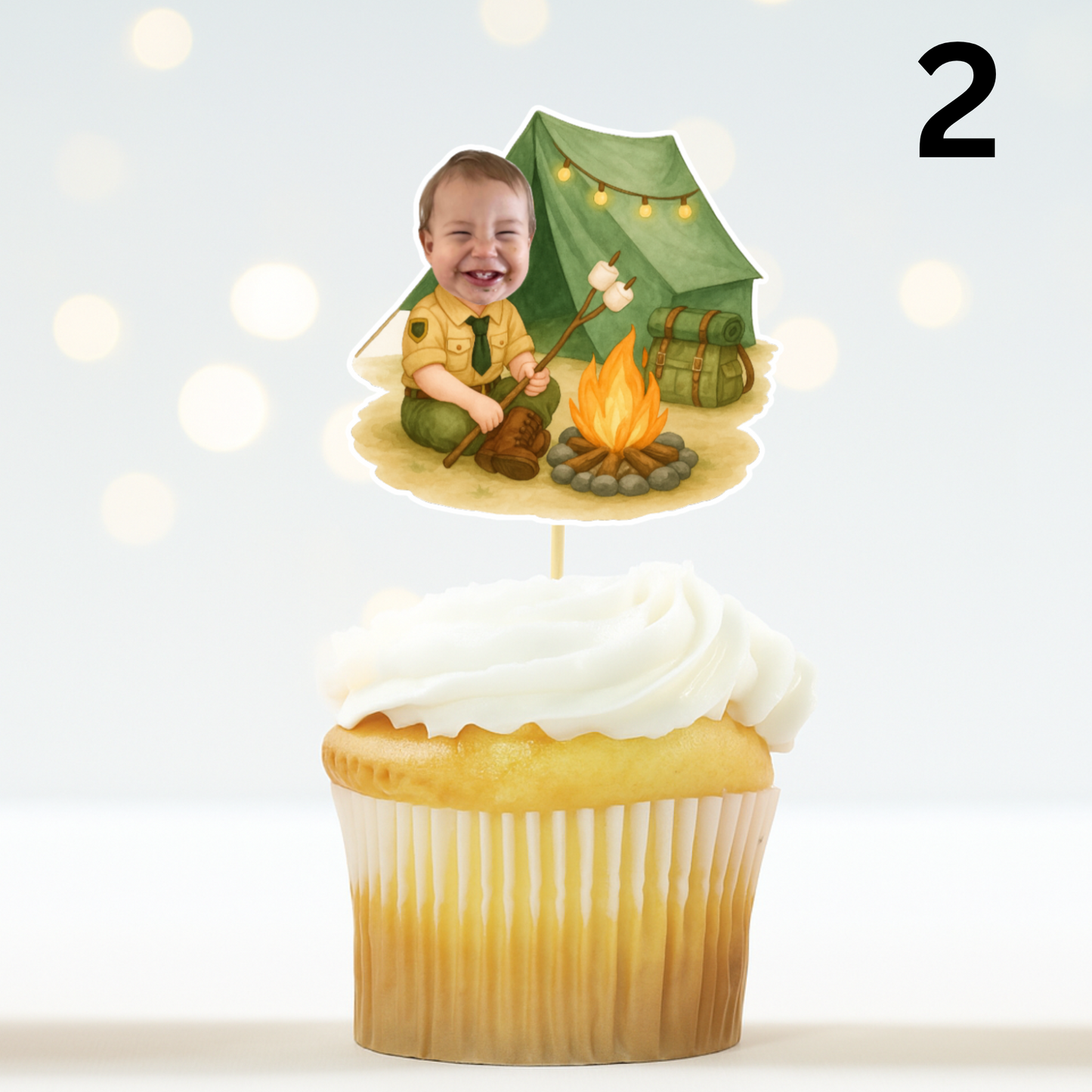 Custom Camper Cupcake Toppers - Personalized Face Photo Scout - “Happy Camper” “Wild One” Party Decoration