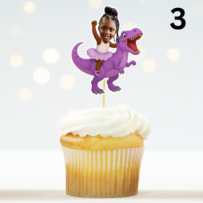Custom Girl Riding Dinosaur Cupcake Toppers with Photo - Tea Rex theme - Girl Three Rex - Pink Birthday Party Decor