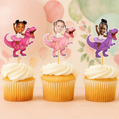 Custom Girl Riding Dinosaur Cupcake Toppers with Photo - Tea Rex theme - Girl Three Rex - Pink Birthday Party Decor