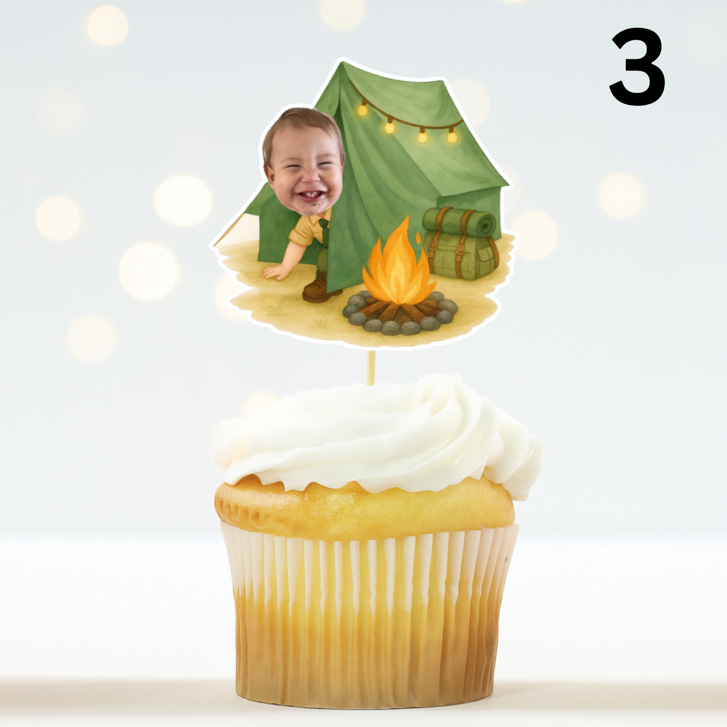 Custom Camper Cupcake Toppers - Personalized Face Photo Scout - “Happy Camper” “Wild One” Party Decoration