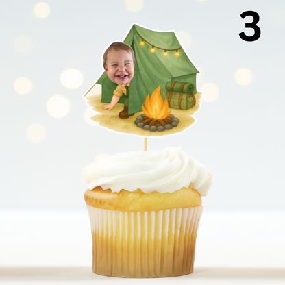 Custom Camper Cupcake Toppers - Personalized Face Photo Scout - “Happy Camper” “Wild One” Party Decoration