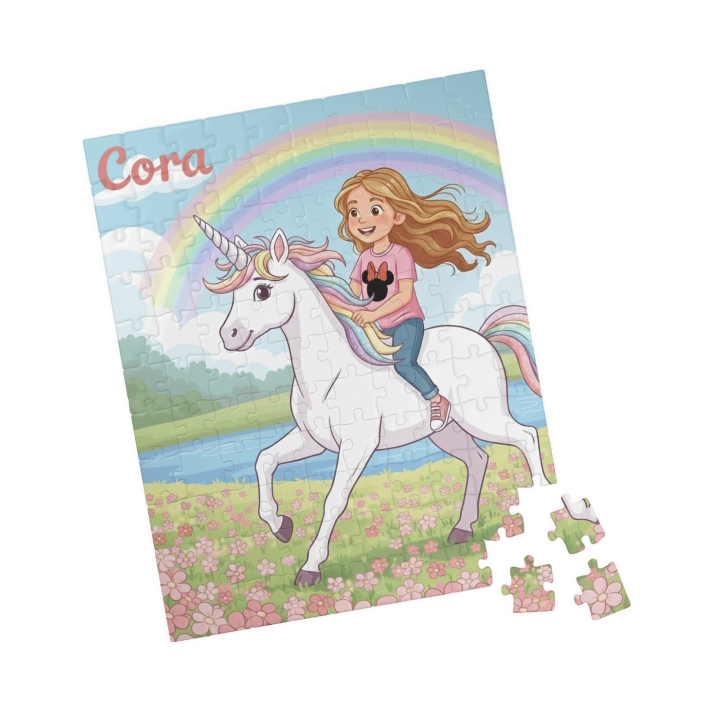 Girl Riding Unicorn Puzzle | Personalized Name Rainbow Jigsaw
