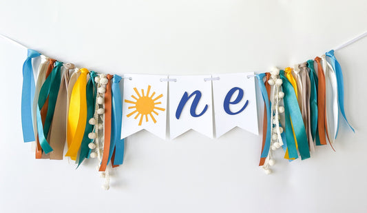 Blue sunshine high chair banner for baby boy’s 1st birthday