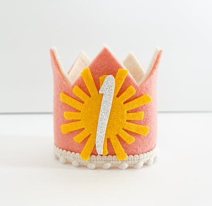 Boho pink sun birthday crown for baby girl’s first birthday