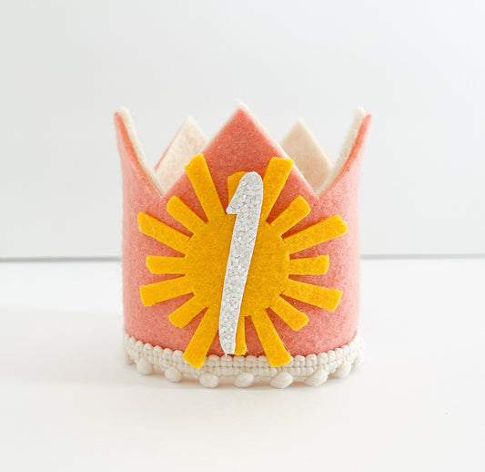Boho pink sun birthday crown for baby girl’s first birthday