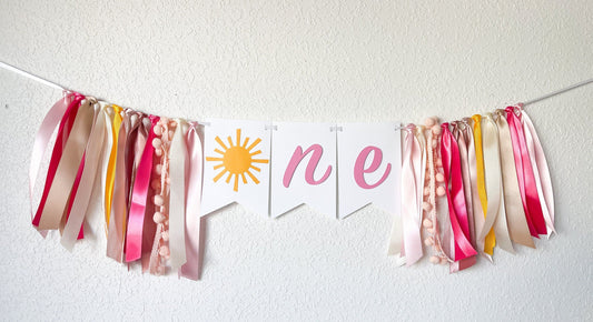 Pink sunshine high chair banner for girl’s first birthday