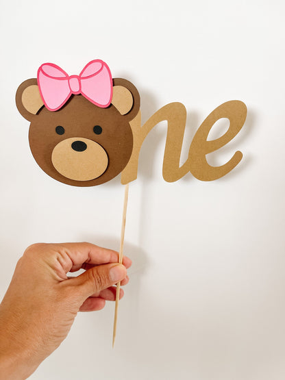 Pink Bow Bear Cake Topper – Girl’s 1st Birthday Decor