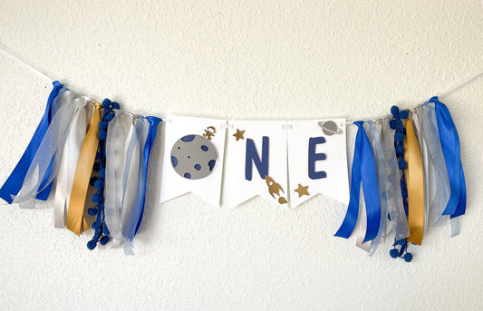 Outer space ONE banner for baby’s first birthday high chair