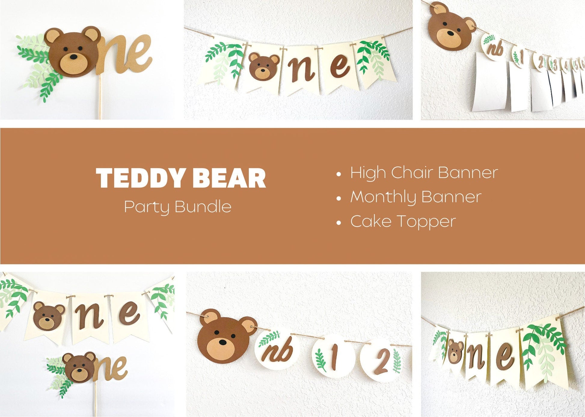 Teddy bear high chair banner and monthly photo garland for first birthday