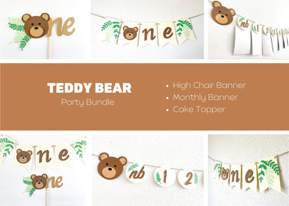Teddy bear high chair banner and monthly photo garland for first birthday