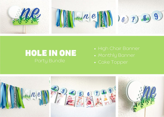 Golf 1st birthday party decorations bundle with high chair and milestone banners