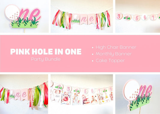 Pink golf-themed first birthday party decor bundle for girls