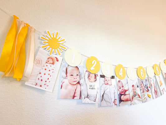 monthly photo banner for baby’s first birthday with boho sunshine theme