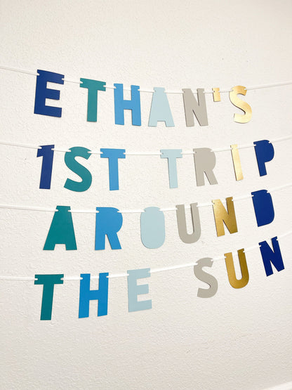 1st Trip Around the Sun Banner – Blue & Gold First Birthday Party Decoration