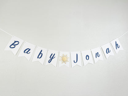 blue and gold sunshine banner for baby boy’s first birthday