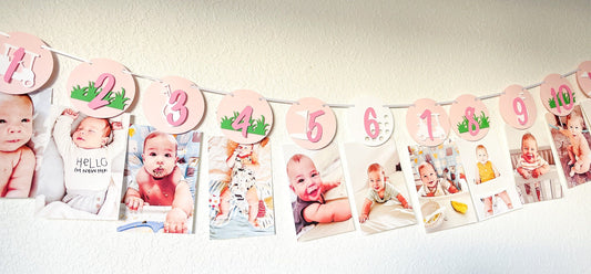Pink golf monthly photo banner for girl’s first birthday