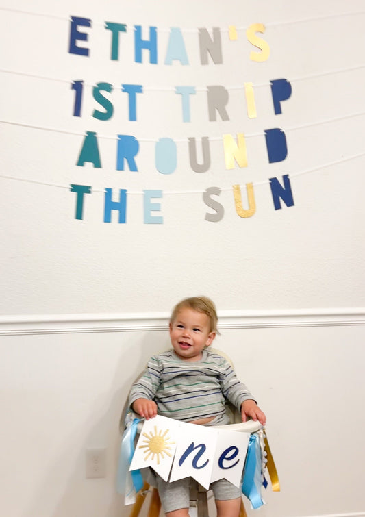 1st Trip Around the Sun Banner – Blue & Gold First Birthday Party Decoration