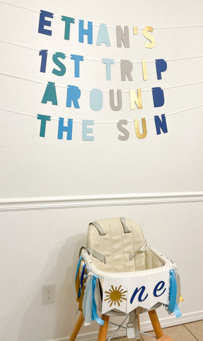 1st Trip Around the Sun Banner – Blue & Gold First Birthday Party Decoration