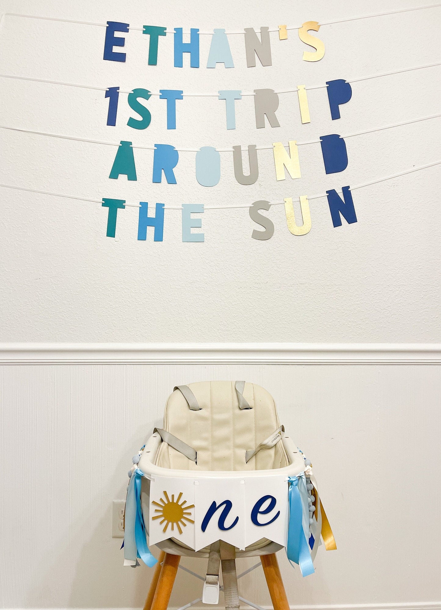 blue and gold trip around the sun banner for 1st birthday party