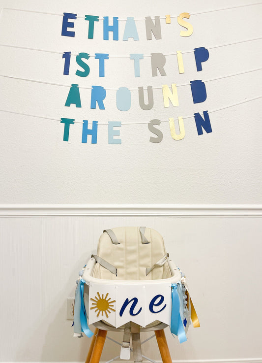 blue and gold trip around the sun banner for 1st birthday party