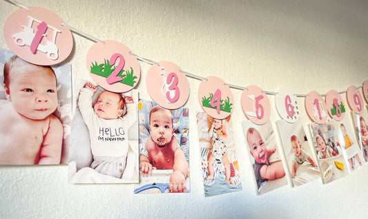 Golf Milestone Banner – Pink 12 Month Photo Display for First Birthday