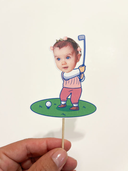 custom pink golfer cupcake topper with child photo