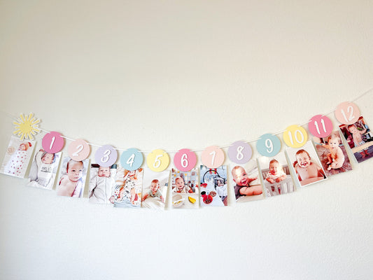 12-Month Milestone Photo Banner – Pastel Colors First Birthday Decor