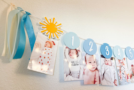 Blue monthly milestone banner for baby boy’s 1st birthday