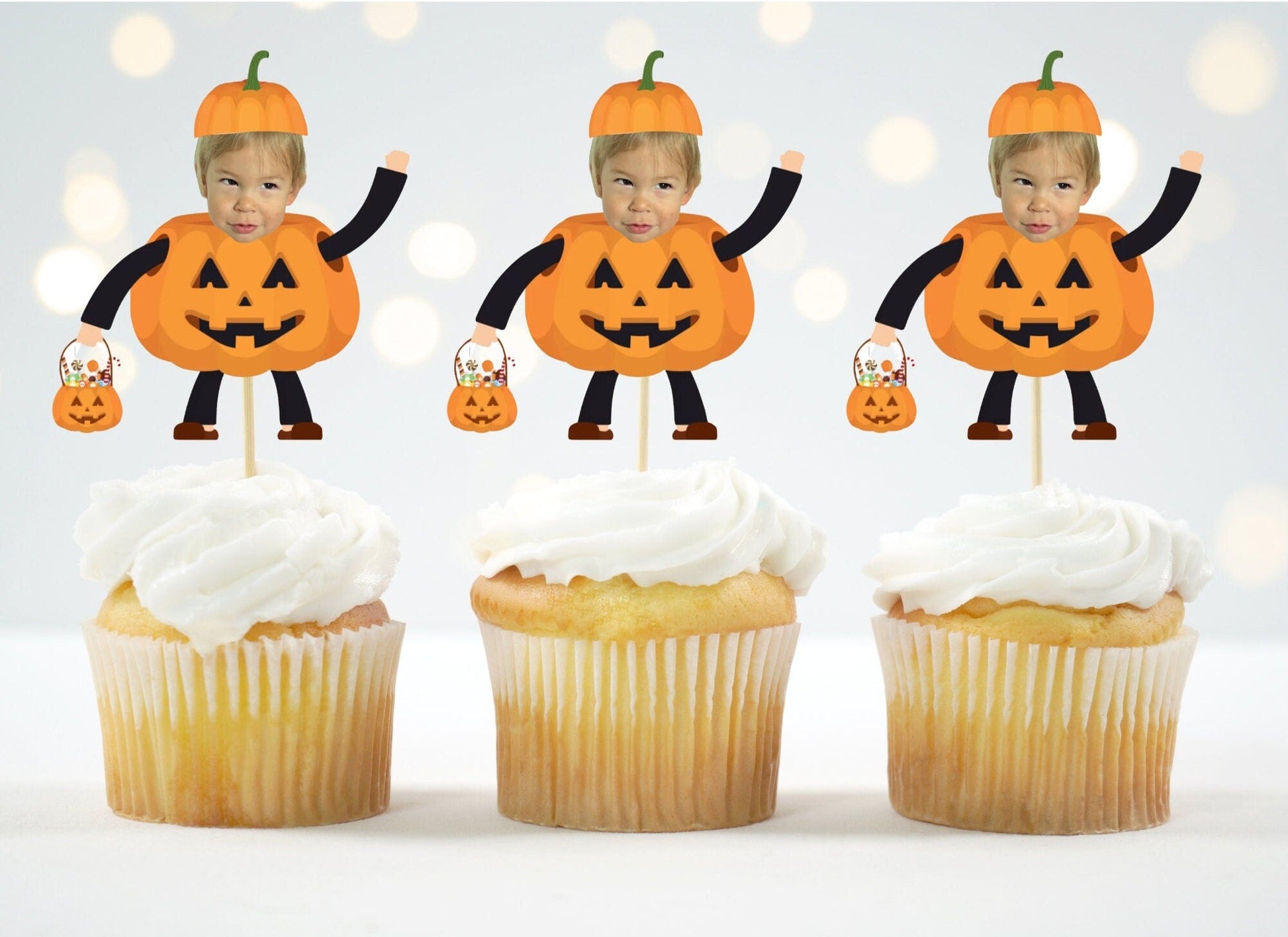 custom pumpkin cupcake topper with child’s photo
